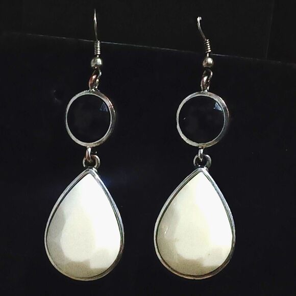 Silver-Toned Dangle Earrings w/ Black & White Stones - Picture 1 of 1
